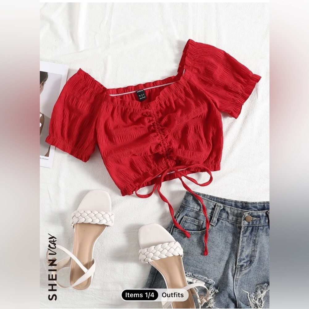 SHEIN VCAY Drawstring Ruched Crop Blouse